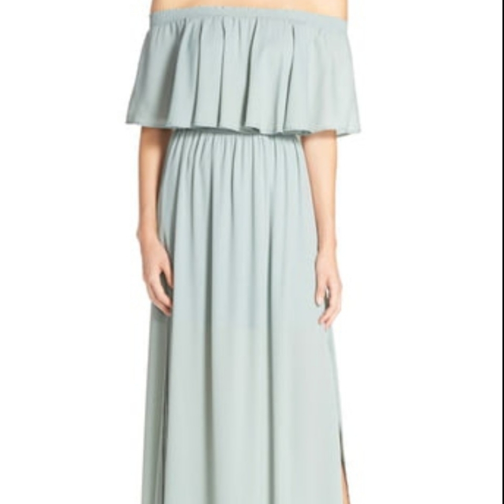 Off-Shoulder Ruffle Maxi Dress in Light Sage
